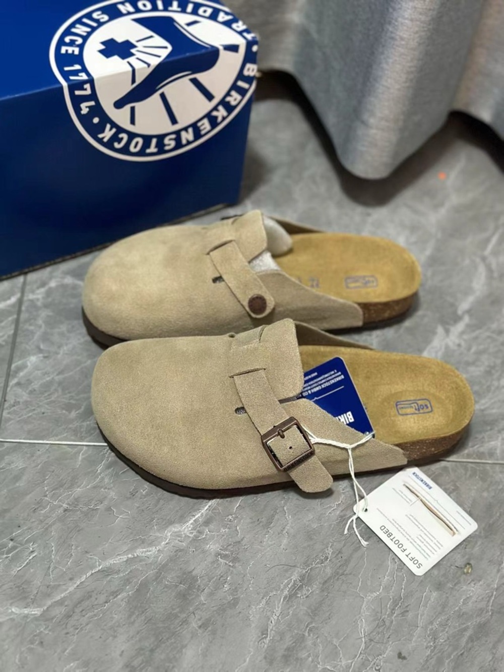 Birkenstock Taupe Suede Clog Sandals with Buckle